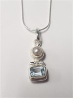 $160 Silver Pearl And Blue Topaz 16"  Necklace