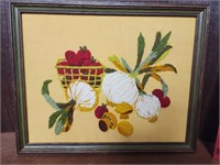 MCM VIntage framed Embroidery Vegetables & Fruit