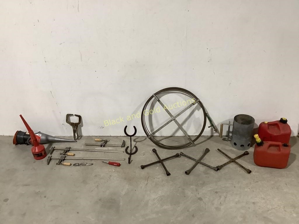 2 Gas Cans, Tire Irons, Clamps, Funnels, & More