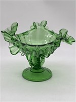 Vintage Fenton Green Glass Ruffled Beaded Compote