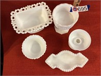 Milk glass assortment,  candy dishes, candle