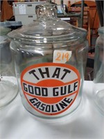 Glass cracker jar w/ lid Gulf Gasoline