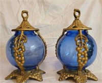 Pair of metal and blue glass lanterns