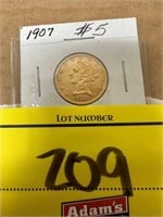 1907 LIBERTY 5 DOLLAR GOLD PIECE
