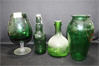 GREEN GLASS VASE, BOTTLES AND BRANDY SNIFTER