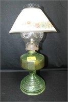 GREEN GLASS OIL LAMP WITH CHIMNEY