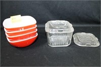 4 - 4 3/4" PYREX BOWLS AND 1 FEDERAL GLASS