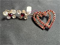 Vintage heart brooch and earrings with red &