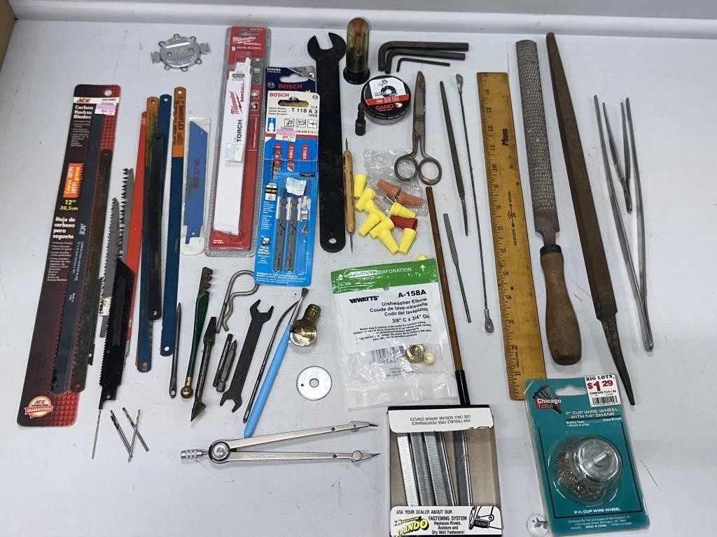 Files, 2" cup wire wheel, Saw Blades, Staples,