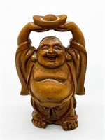 Carved Wood Laughing Buddha Figurine w Offering