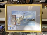 MATTED SAIILBOAT SEAPORT PRINT IN GILDED FRAME