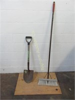 Shovel w/ D Style Handle, 16" Push Broom 2pc lot