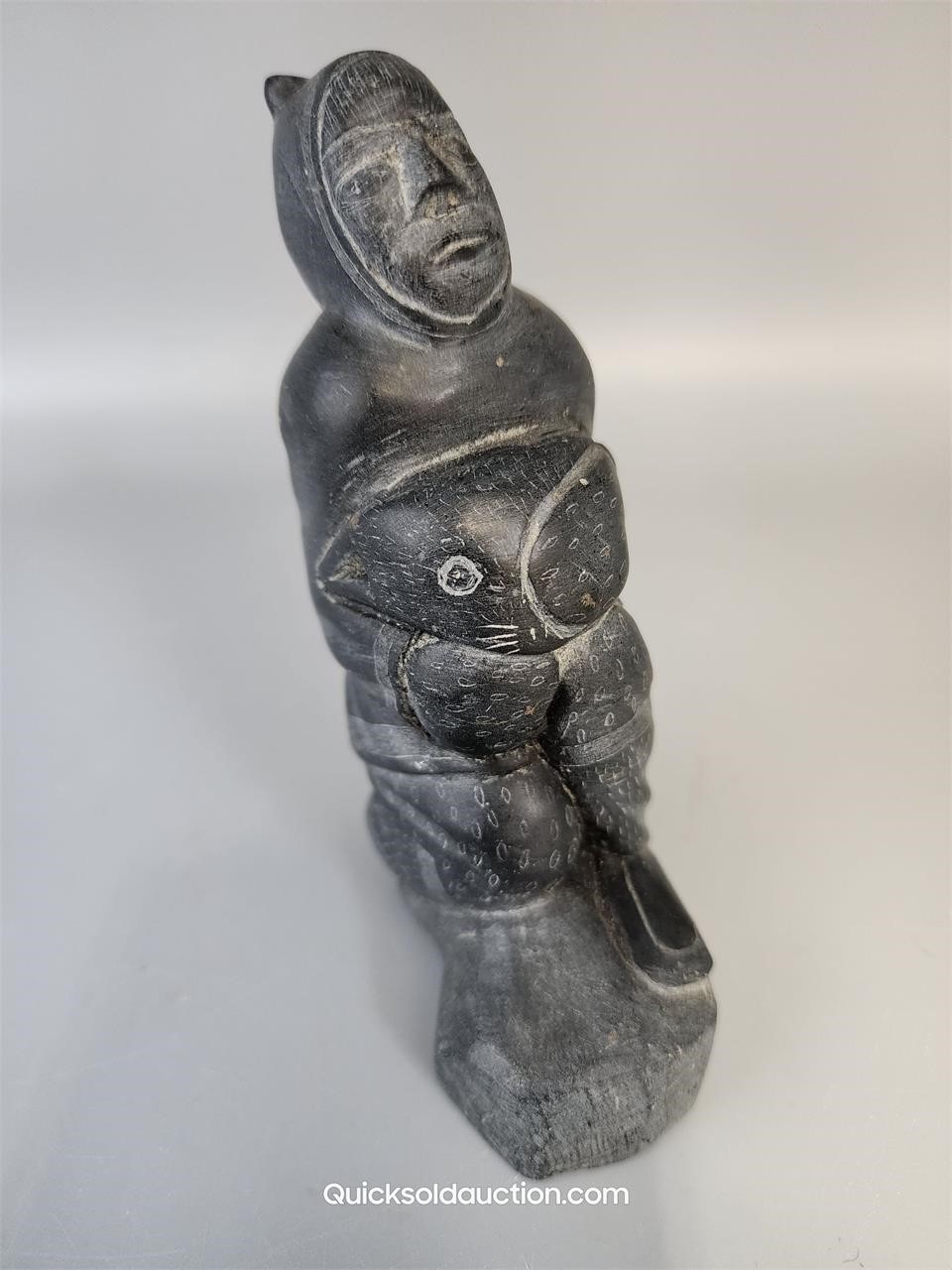 Soapstone Carving Sitting Eskimo Holding Object