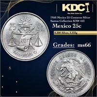1950 Mexico 25 Centavos Silver Santos Collection K
