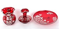 SILVER INLAY OVER RED HAND BLOWN GLASS - SET OF 3