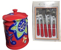 Ceramic Canister and Red Silverware