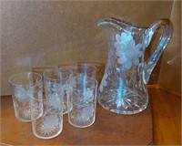 American Brilliant Etched Glass Pitcher & Glasses