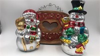 2 snowman figurines , wooden Christmas sign,