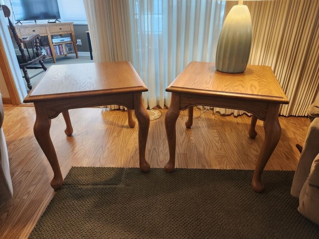 Oak look Matching End Tables. 26D by 22W by 22H.