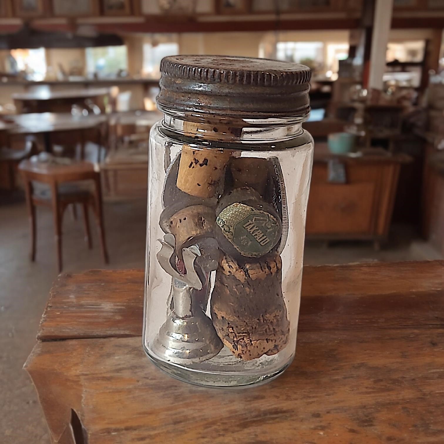 Antique Glass Bottle Filled w/ Corks, Coins