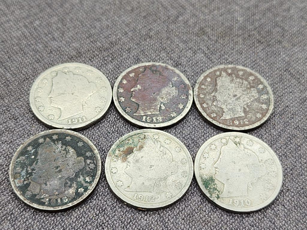 6 Liberty Head  V nickels .  Assorted years and