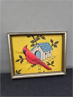 Vintage Embroidered Cardinal Framed Wall Decor
