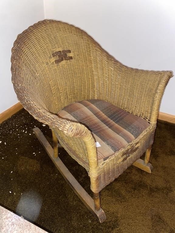 ANTIQUE WICKER CHILDRENS ROCKING CHAIR