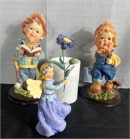 2 Resin Figurines Girl Watering Can Boy