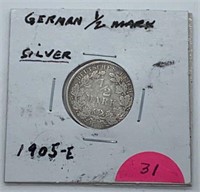 1905-G German Silver 1/2 Mark Coin, Very Nice