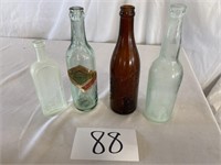 3 Glass Beer Bottles & Illinois Medicine Bottle