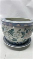 Oriental hand painted planter pot with base