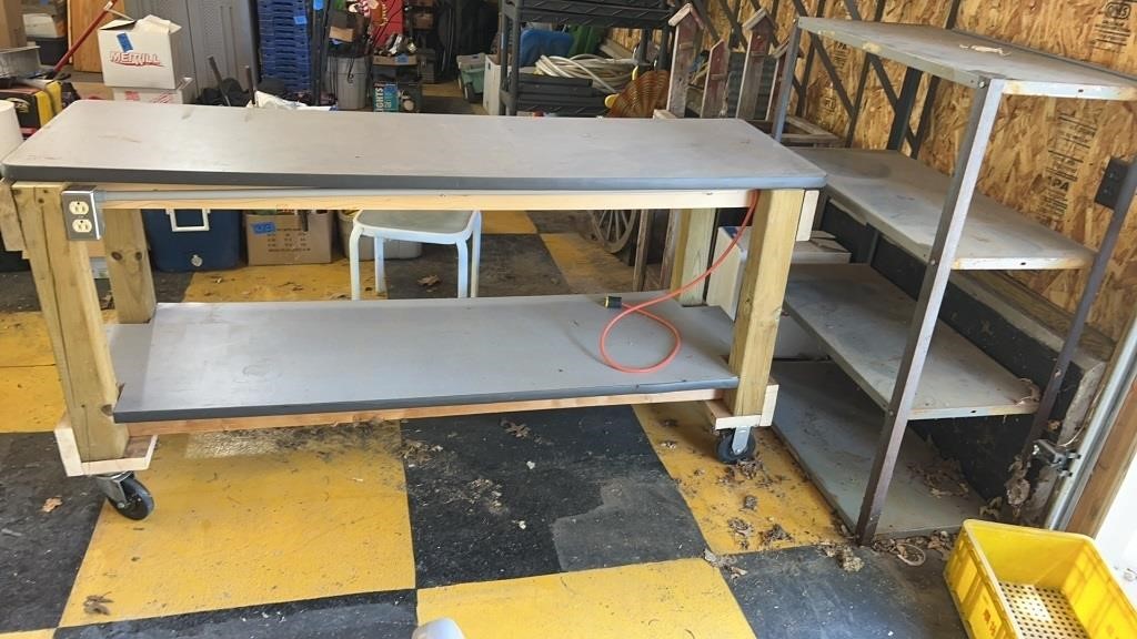 Shelf and rolling work table 74”x23”x 3’ &