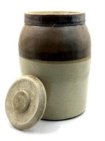 Antique Salt Glaze Two-Tone Lidded Stoneware Crock