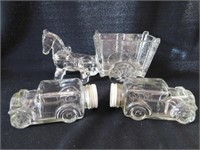 Glass candy containers: 2 cars - horse & cart