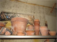 CONTENTS OF SHELF - POTTERY POTS, WOOD AND MORE