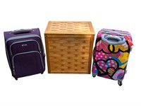 (2) Carry On Suitcases & (1) Wood Laundry Hamper.