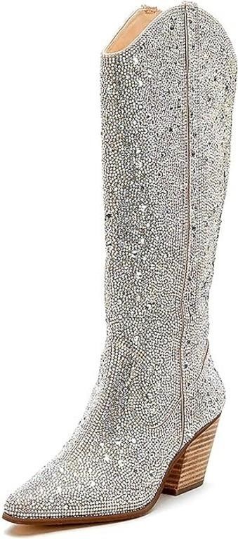 Women's Rhinestone Boots Western Mid Calf Pointed