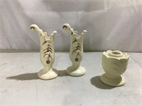 Red Wing pair & Shawnee pottery; candle holders