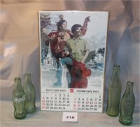 1975 COKE CALENDAR & 4 COCA COLA BOTTLES