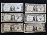 Six 1935 D, E, F, G Silver Certificate $1 US Notes