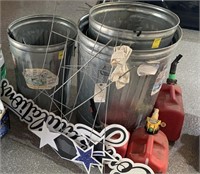 (3) Gas Cans; (3) Galvanized Trash Cans