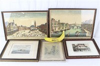 5 Antique "European Places" Framed Color Lithos