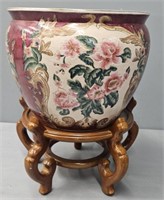 Chinese Porcelain Jardiniere & Wood Stand