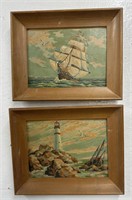 (F) Wooden Framed Boat/Lighthouse Paintings