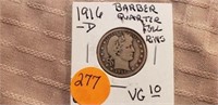 1916D Barber Quarter VG10