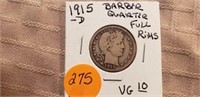 1915D Barber Quarter VG10