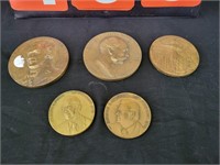 5 COMMEMORATIVE BRASS MEDALIONS