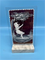 Hand Painted Glass Plaque With Marble Base 1980