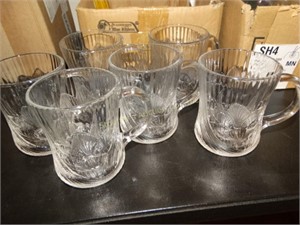6 Floral glass mugs, 4"h