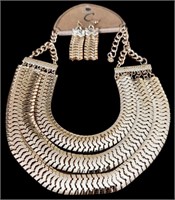 Gold Tone Bib Necklace & Earrings